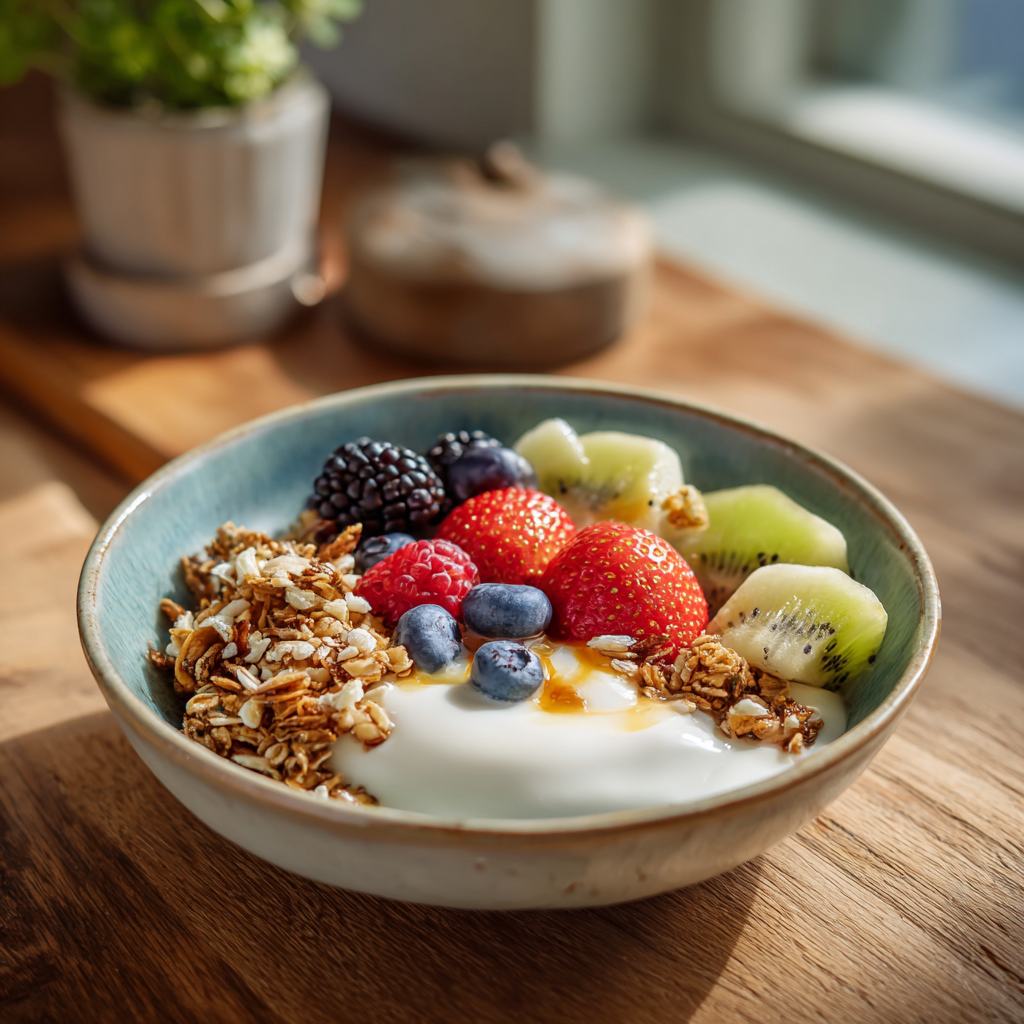 Frische herzgesunde Lebensmittel auf einem Holztisch – Avocado, Beeren, Nüsse und Lachs